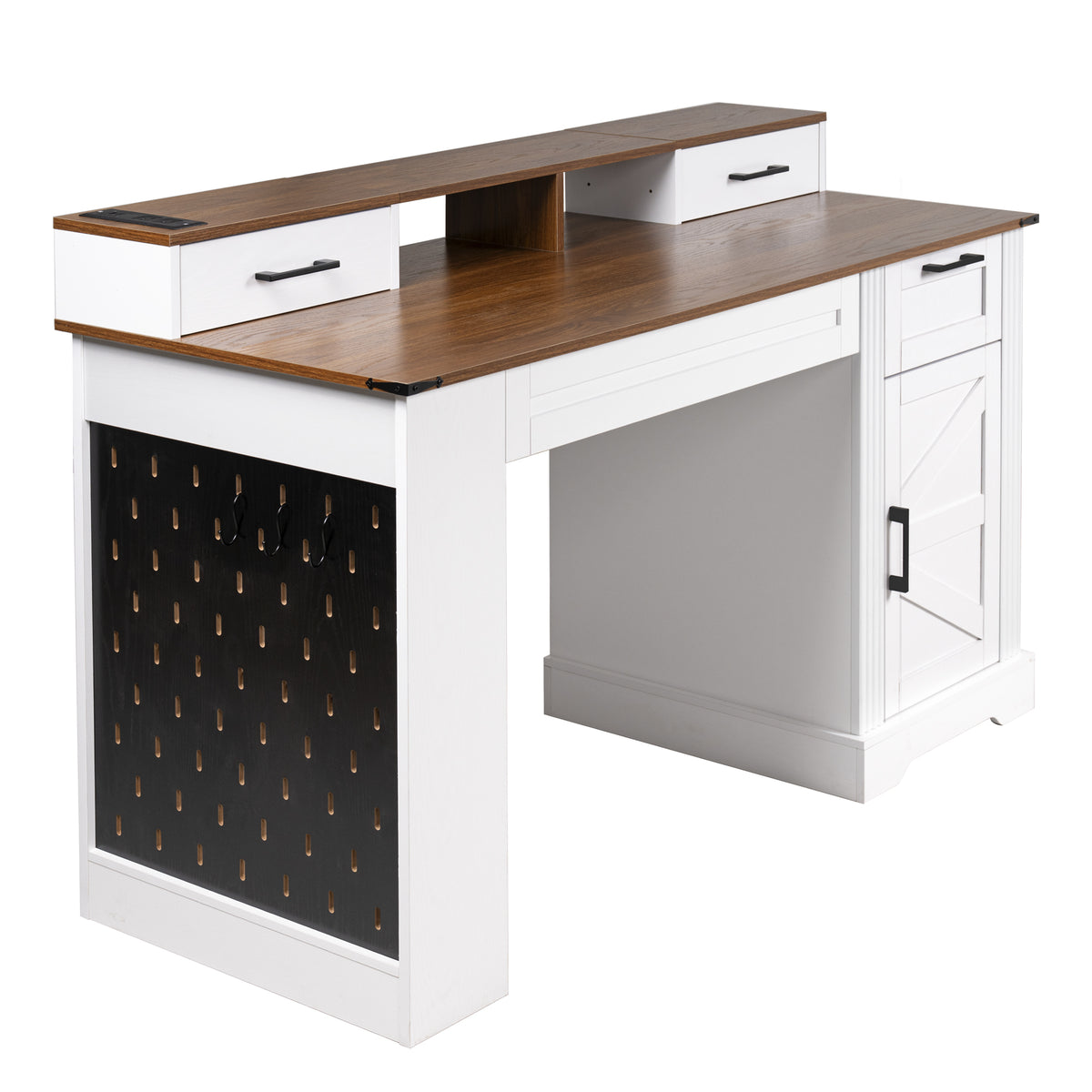 Anthony & Home studio barn door desk with storage and charging station, showcasing a stylish workspace with sliding barn door design.