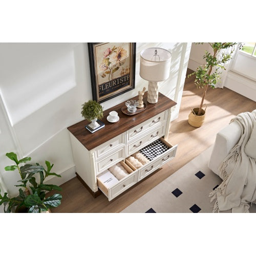Farmhouse Walnut 6 Drawer Dresser Chest For Bedroom
