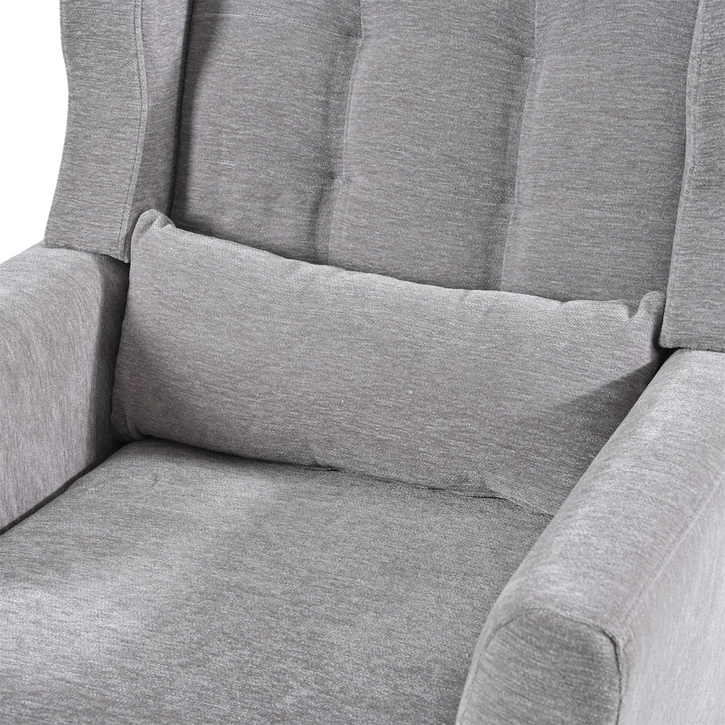 Gray chenille accent chair with solid wood legs, stylish and comfortable for studio living spaces.