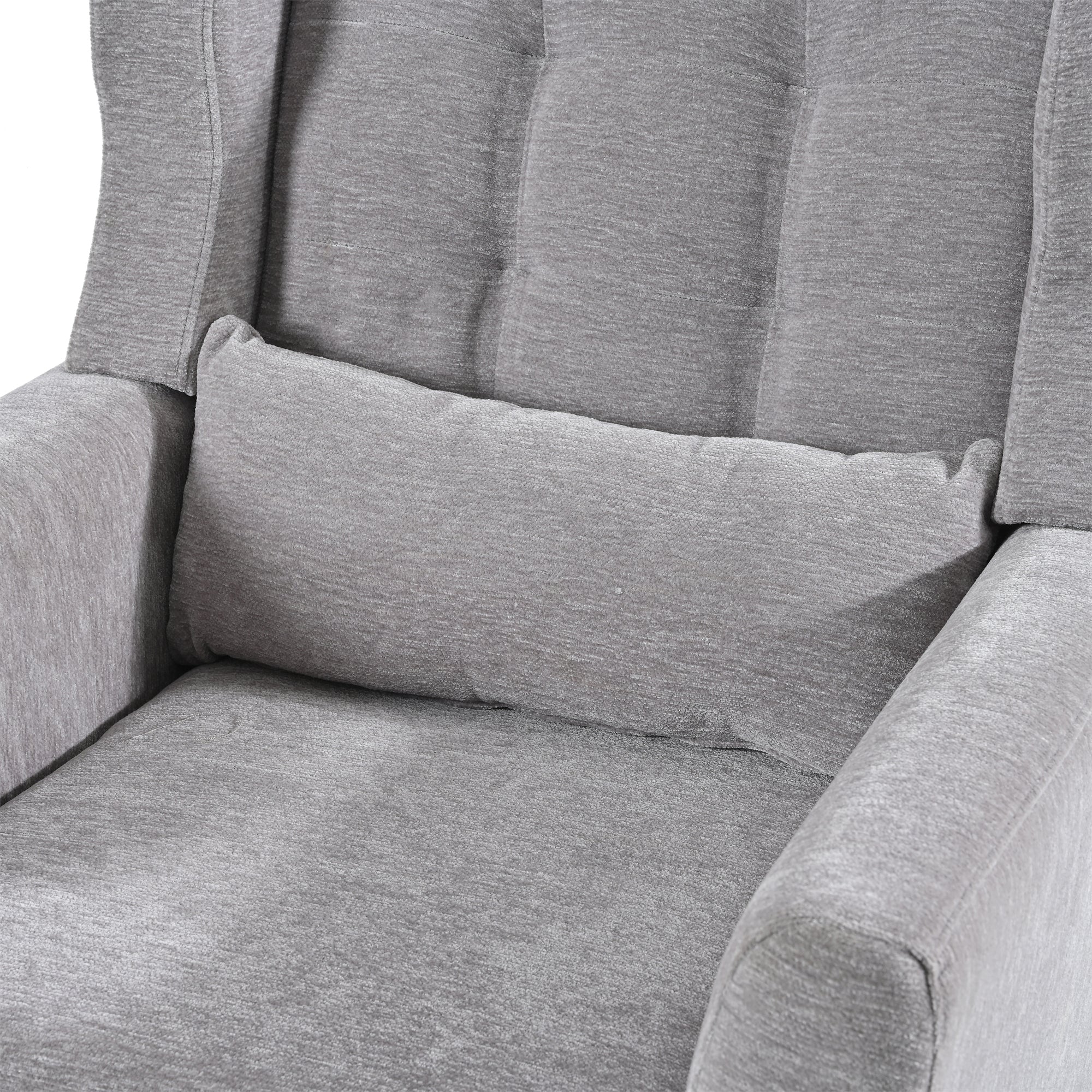 Gray chenille accent chair with solid wood legs, stylish and comfortable for studio living spaces.