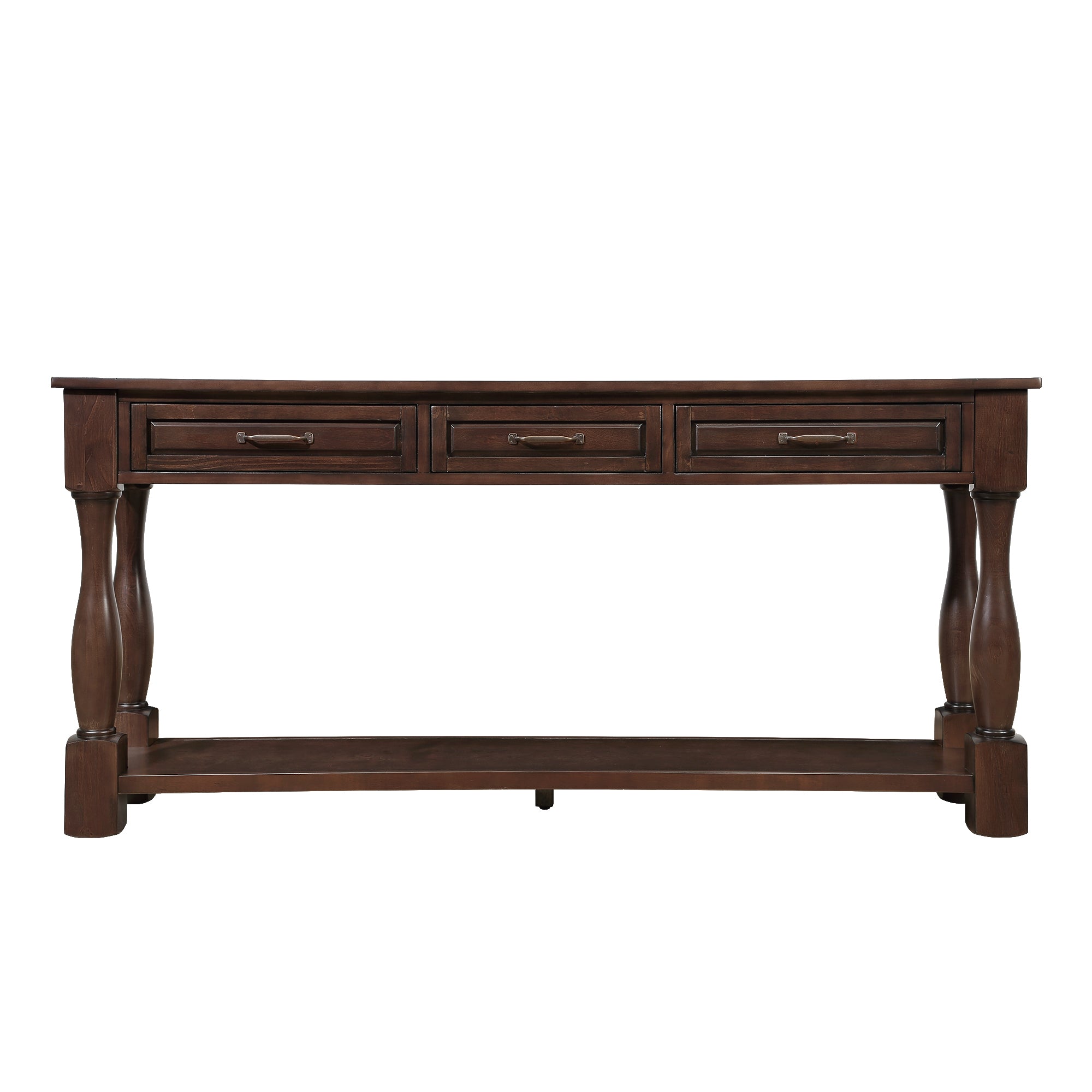 Anthony & Home 63-inch light espresso wood console table with three drawers, ideal for entryway decor and storage.