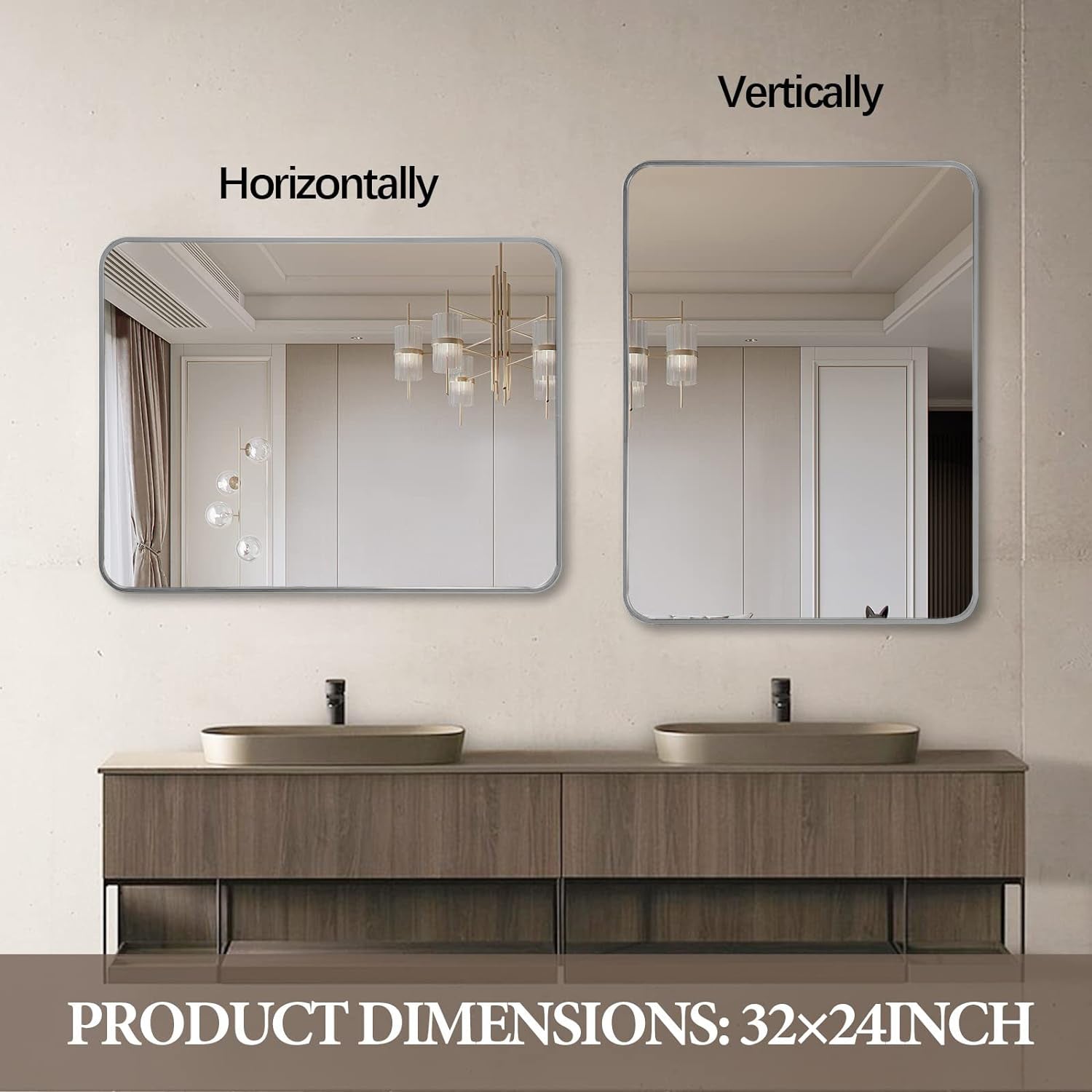 Brushed silver aluminum framed bathroom mirror, 24x32 inches, with sleek modern design for contemporary bathroom decor