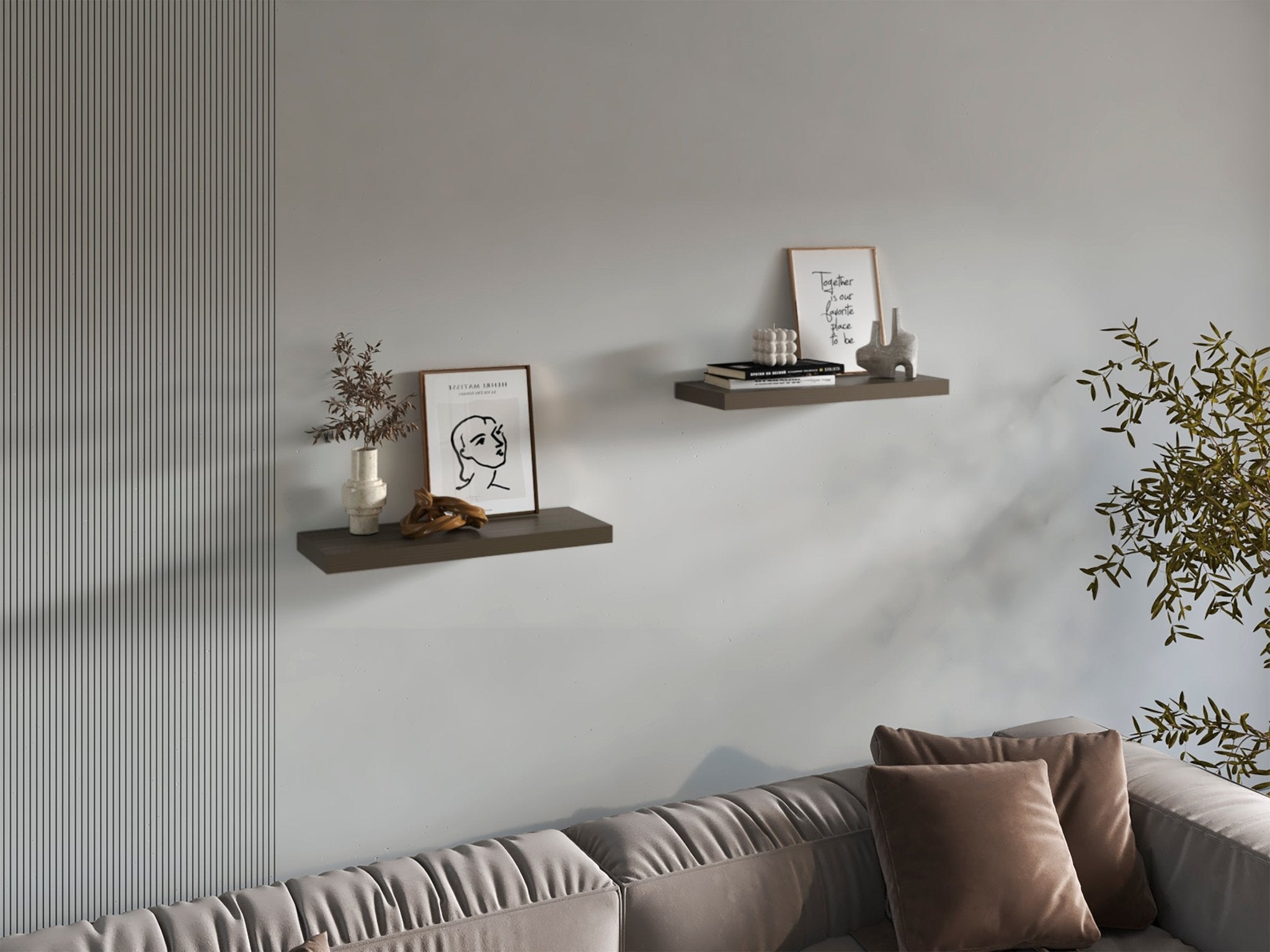 Olive finish floating shelves by Anthony & Home mounted on a wall, showcasing modern minimalistic design for home storage.