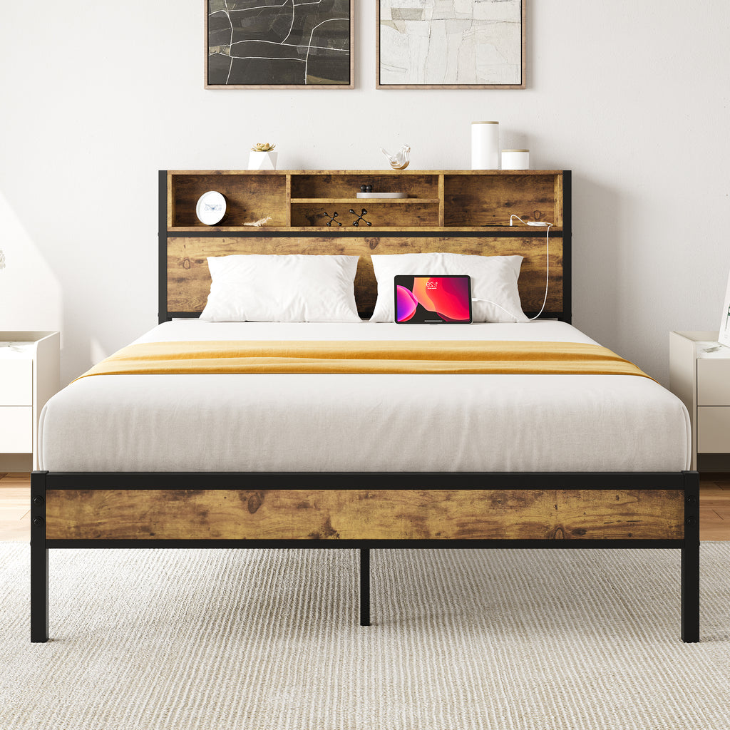 Full Size Bed Frame With Storage Headboard And Bookcase Storage Metal And Wood Charging Station Limited Edition