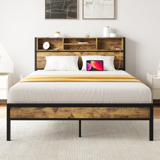Full Size Bed Frame With Storage Headboard And Bookcase Storage Metal And Wood Charging Station Limited Edition