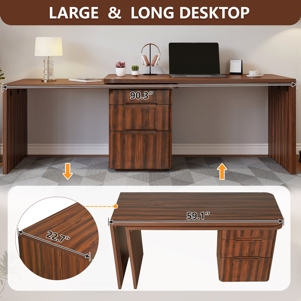 Walnut L-shaped desk by Anthony & Home with 3 drawers and 360-degree rotation, shown from a side angle.