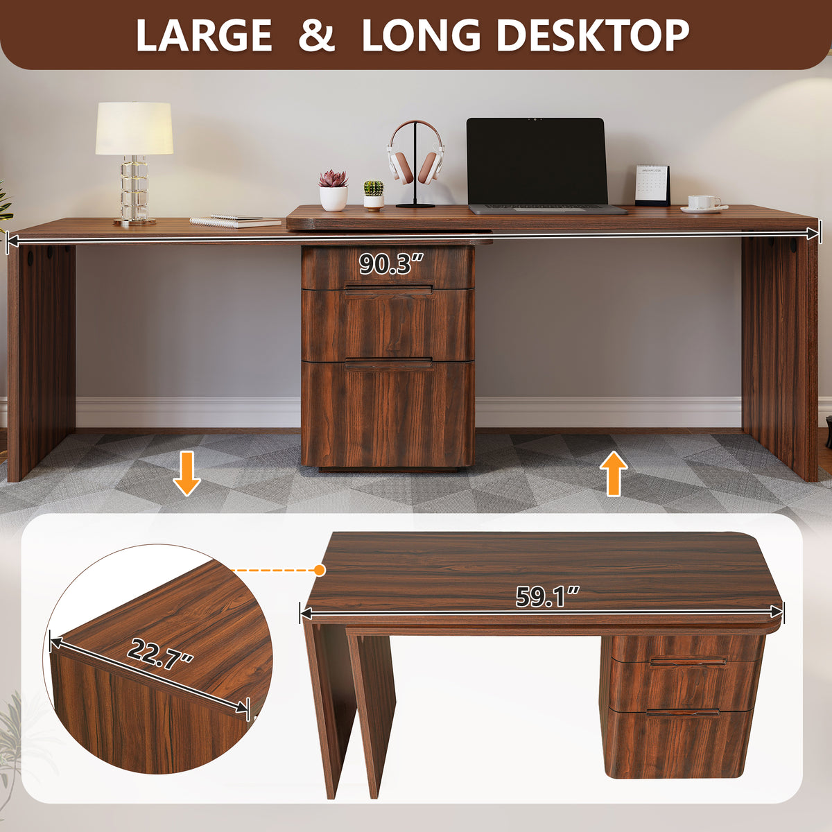 Walnut L-shaped desk by Anthony & Home with 3 drawers and 360-degree rotation, shown from a side angle.