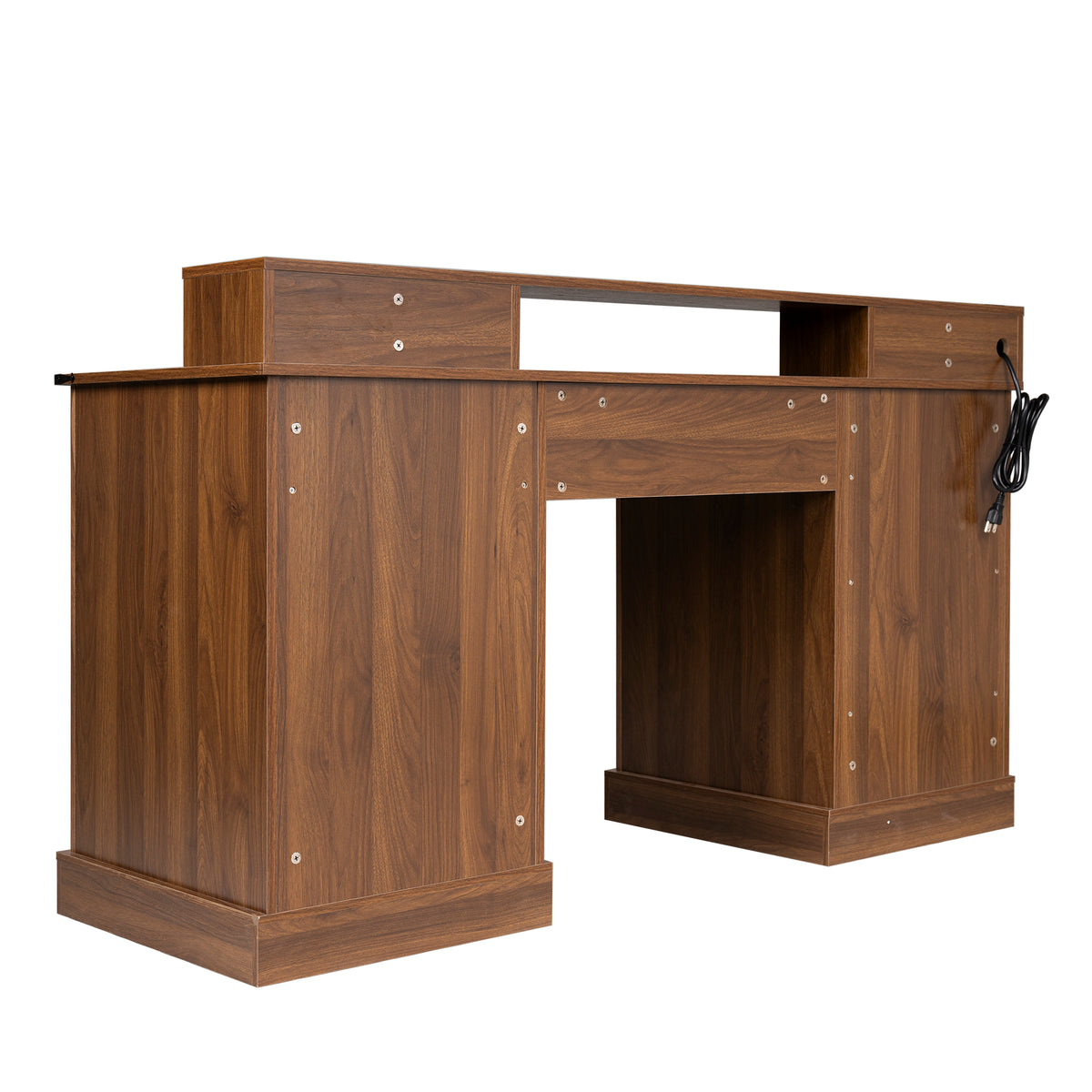 Dark walnut farmhouse office desk with barn door, monitor stand, and built-in charging station by Anthony & Home.