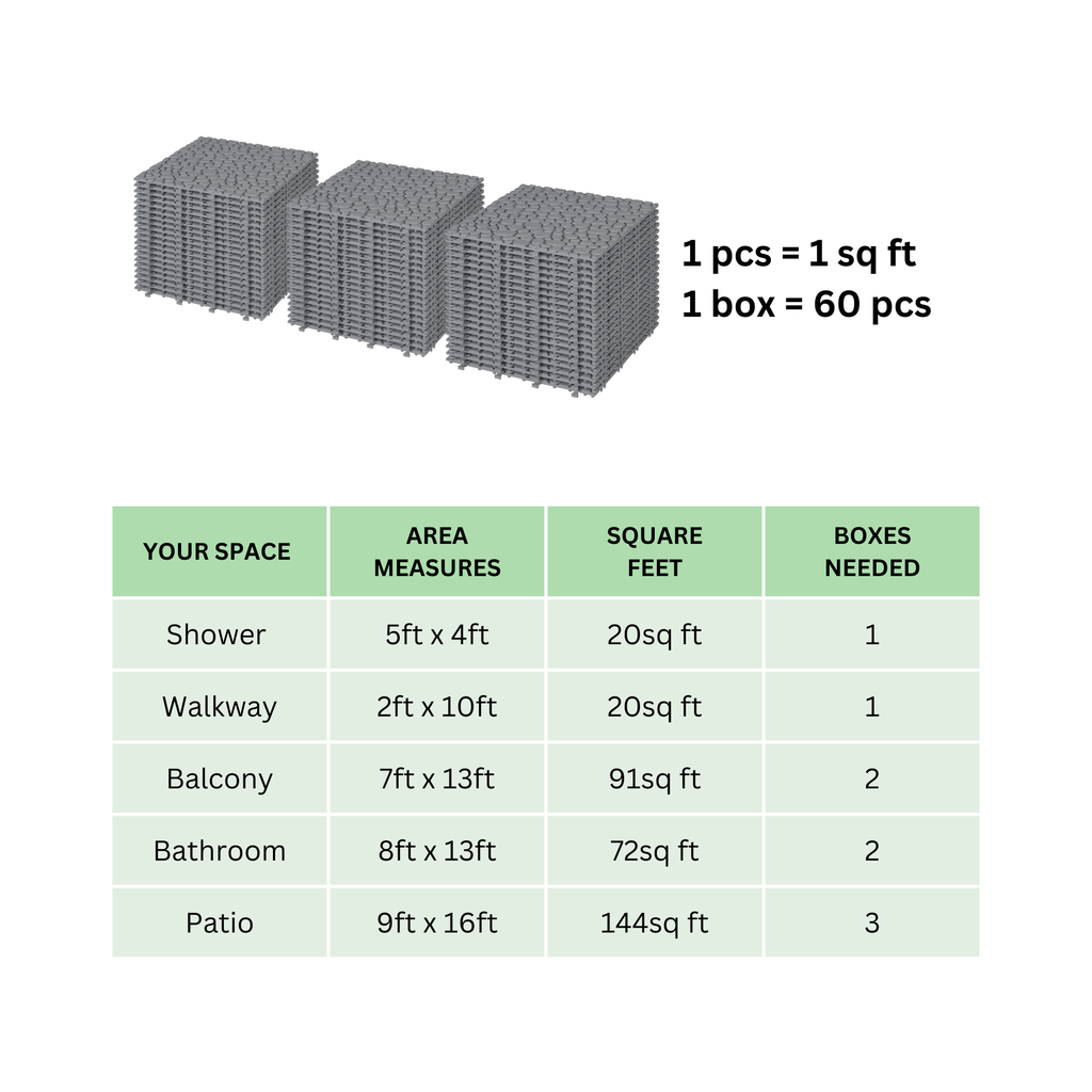 Gray pebble stone interlocking deck tiles by Anthony & Home, waterproof 12x12 outdoor flooring for patios and decks.