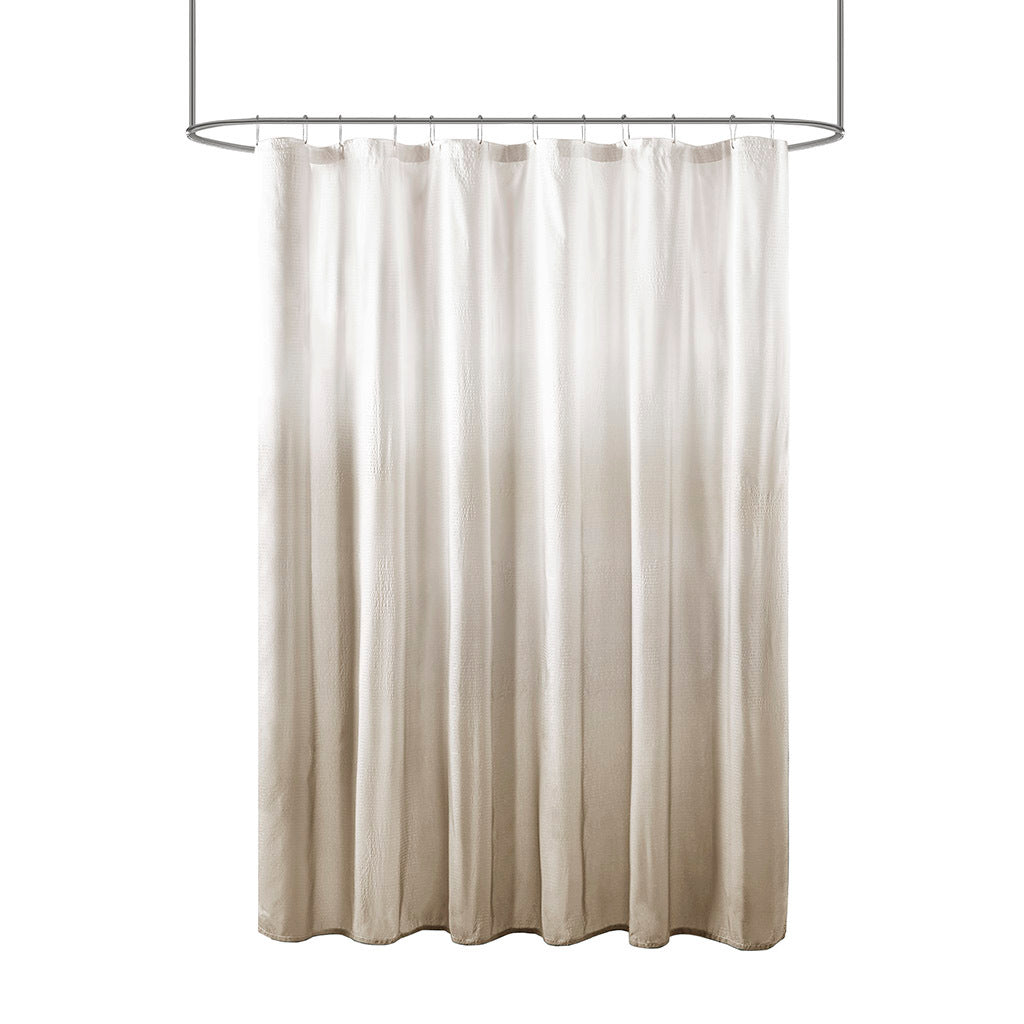 Taupe ombre seersucker shower curtain by Anthony & Home with textured fabric and subtle gradient design