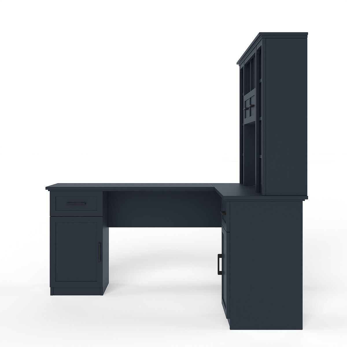 L-shaped Anthony & Home Atelier desk with power outlet, 2 cabinets, 2 drawers, 11 shelves, and a right flip shelf.