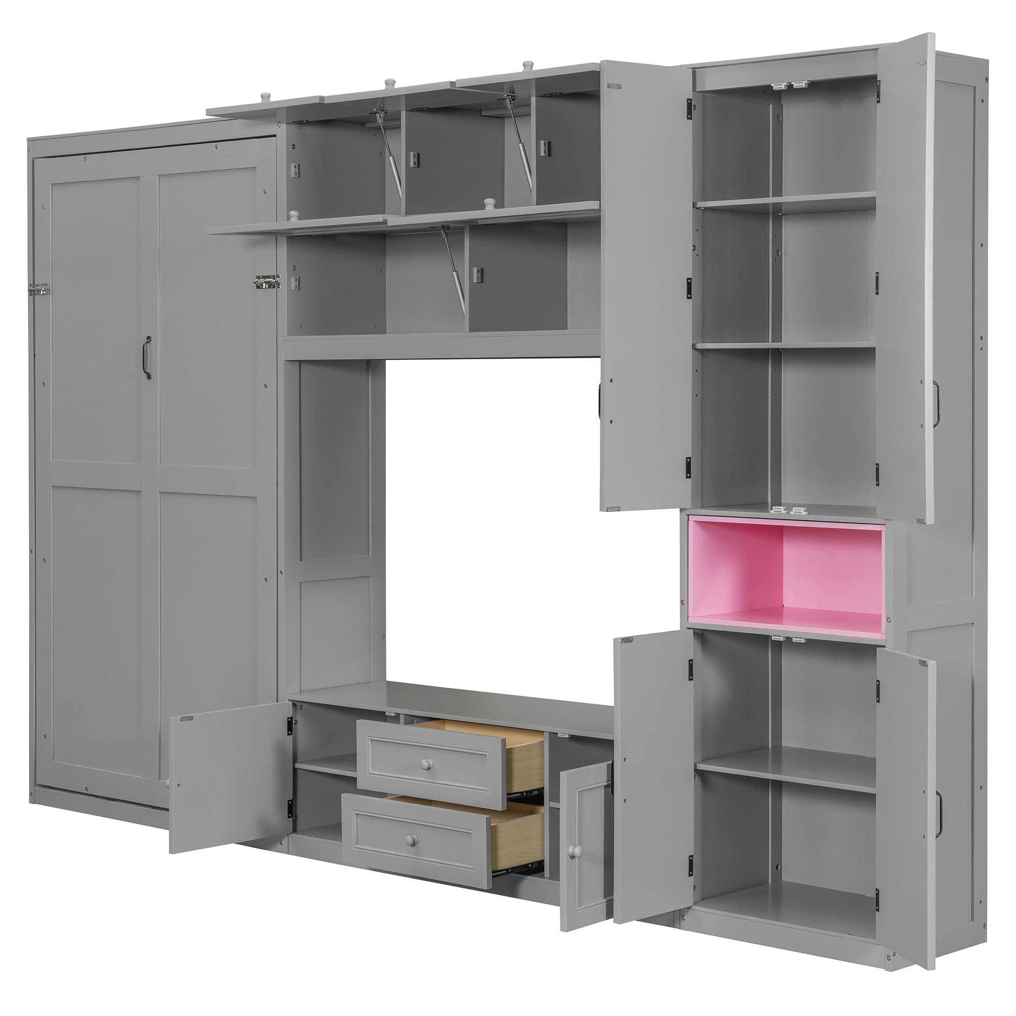 Gray solid wood Atelier Murphy Bed TV stand with drawers by Anthony & Home, featuring a sleek modern design and ample storage space.
