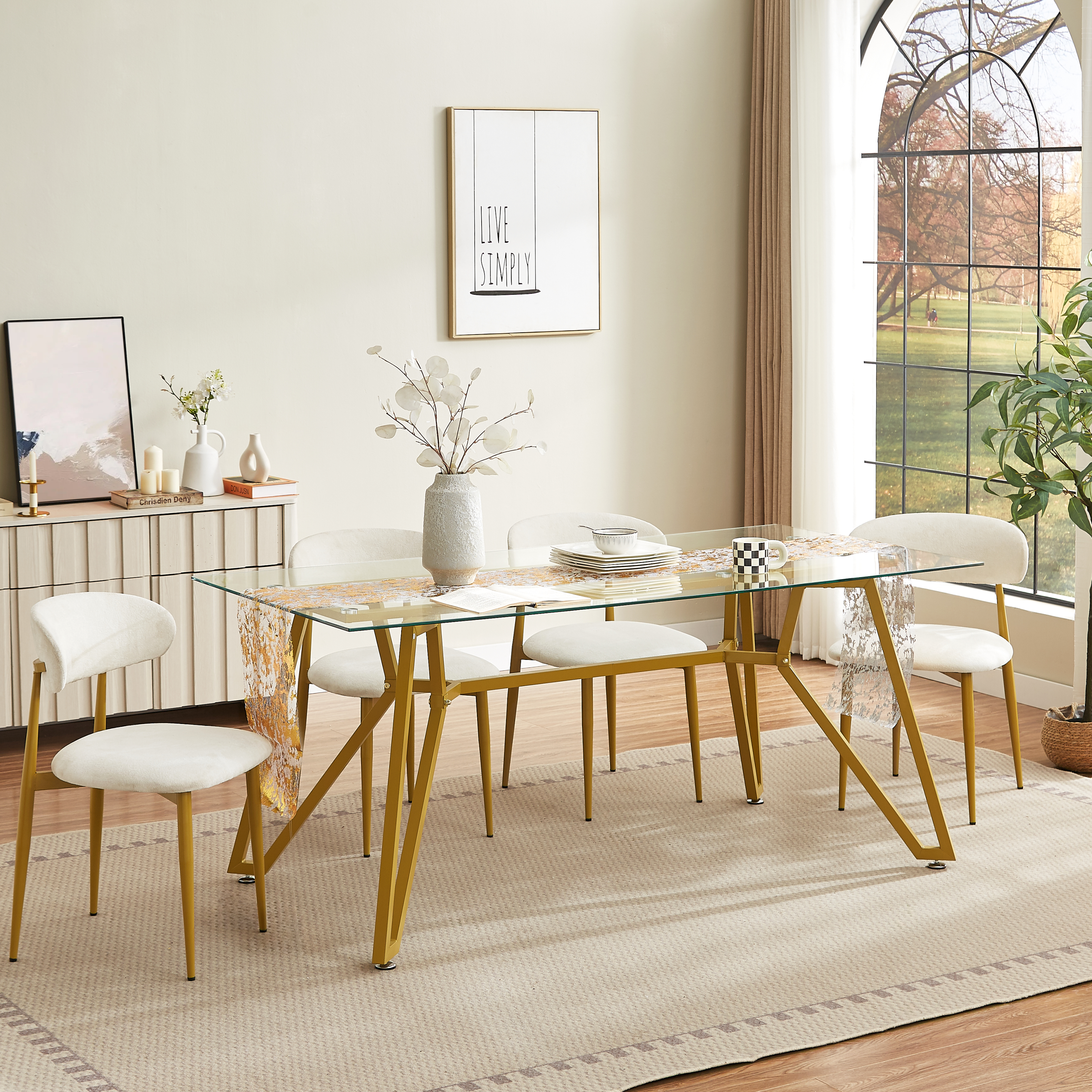 Rectangular Glass Dining Table With Gold Finish And Metal Legs, Modern Exclusive Luxury Collection, 70.9-Inch