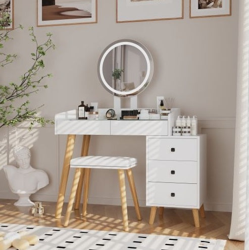 Dressing Table With LED Lights Glass Top 5 Drawers Mirror