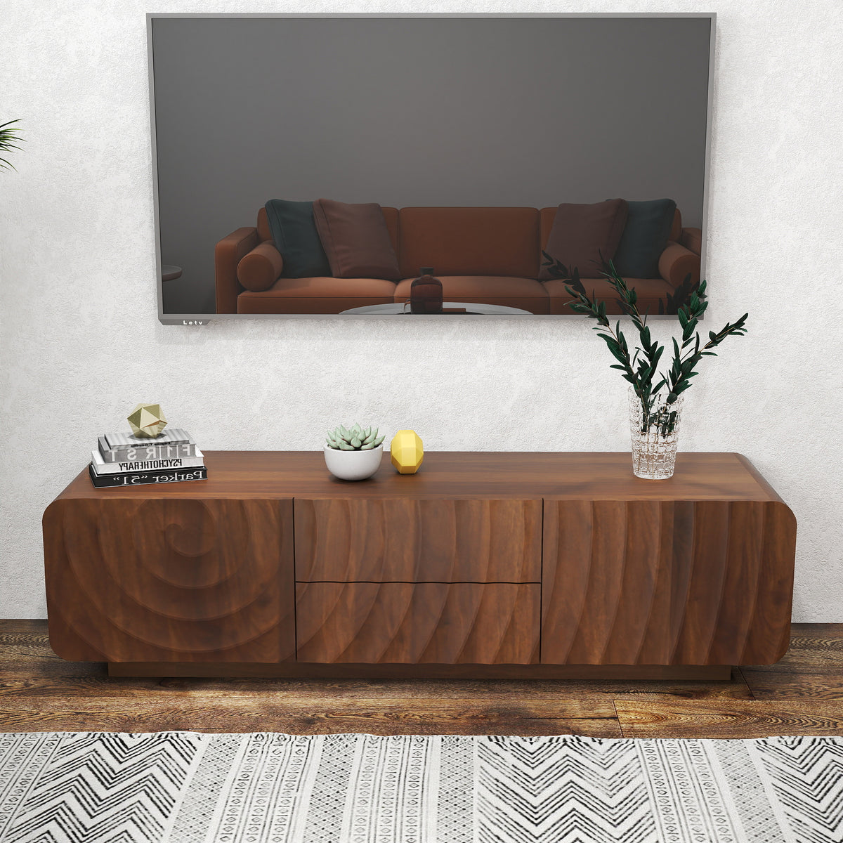 Anthony & Home 58-inch walnut TV console with spiral wave design, storage cabinet, and two drawers for modern living room decor.