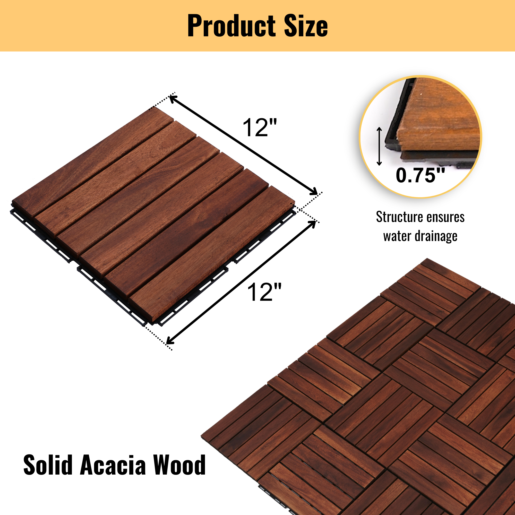 Anthony & Home Acacia Studio Interlocking Deck Tiles in striped pattern, 12-inch outdoor flooring for patios and decks.