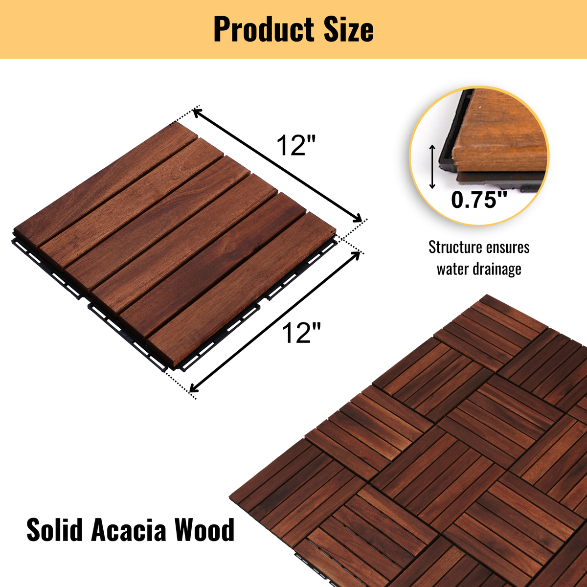 Anthony & Home Acacia Studio Interlocking Deck Tiles in striped pattern, 12-inch outdoor flooring for patios and decks.