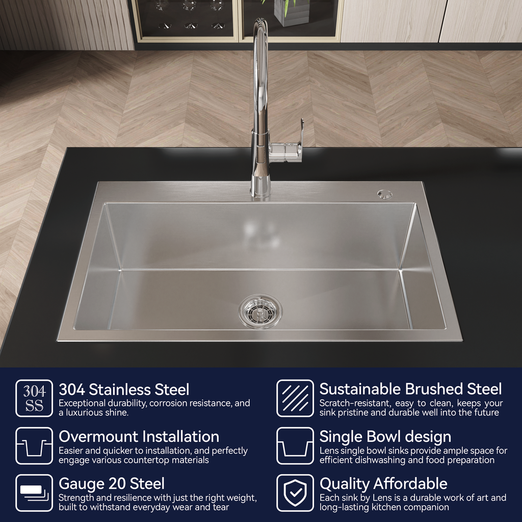 Anthony & Home Studio brushed nickel overmount kitchen sink with dual basins and modern design, shown in a clean, fitted installation.