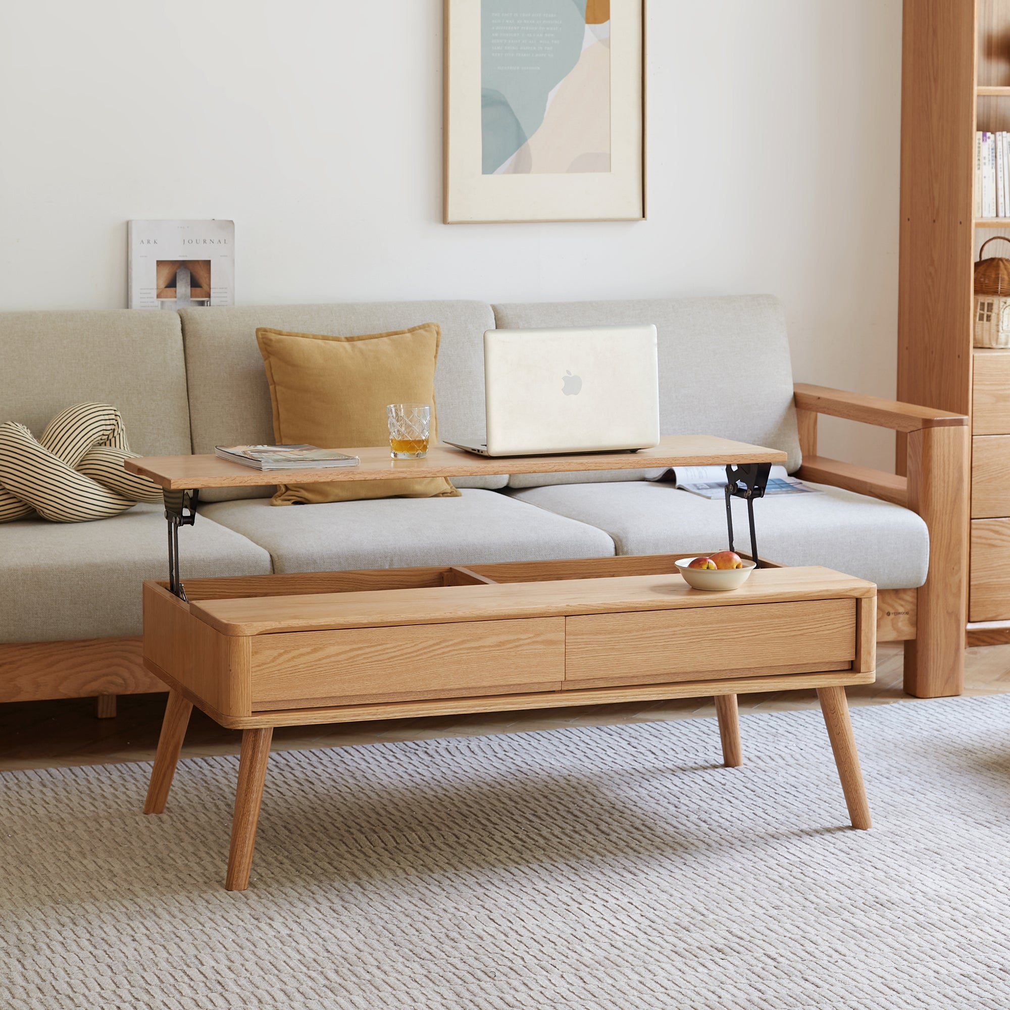 Anthony & Home solid oak coffee table with storage shelf, 39.4 inches wide, 23.6 inches deep, 17.7 inches high in Atelier Collection