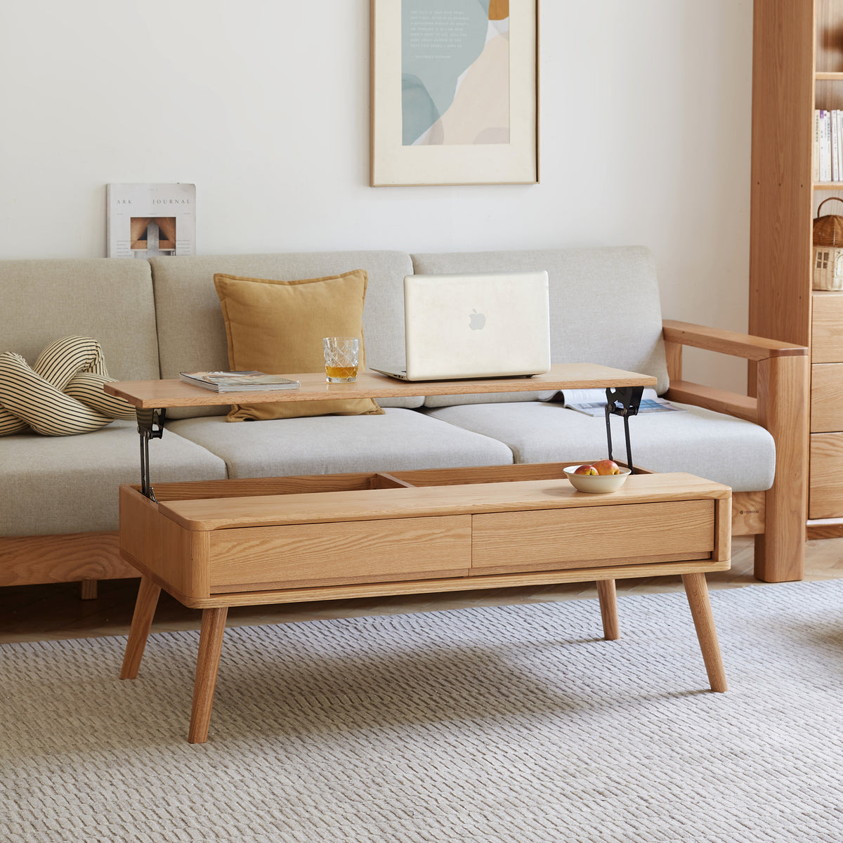Anthony & Home solid oak coffee table with storage shelf, 39.4 inches wide, 23.6 inches deep, 17.7 inches high in Atelier Collection
