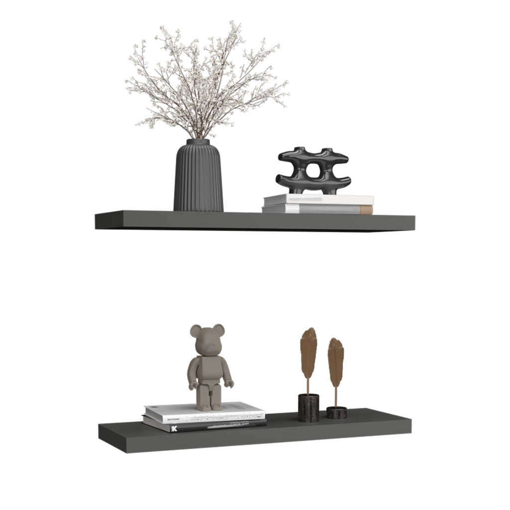 Anthony & Home Studio two-tier floating shelves in matte gray finish, showing sleek modern wall-mounted storage with clean lines.
