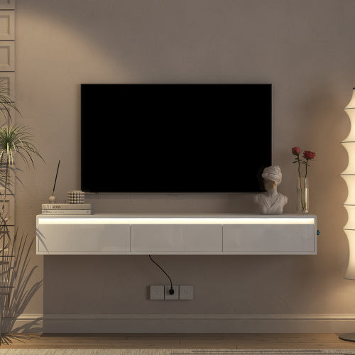 Floating Wall Mounted TV Stand With LED Lighting And Outlet