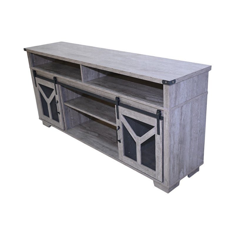 Iron mesh barn door TV stand by Anthony & Home, Signature Edition with industrial-style iron mesh doors and wooden accents.