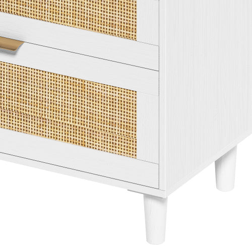 59 Inch Rattan Dresser With Six Drawers White Wood Legs