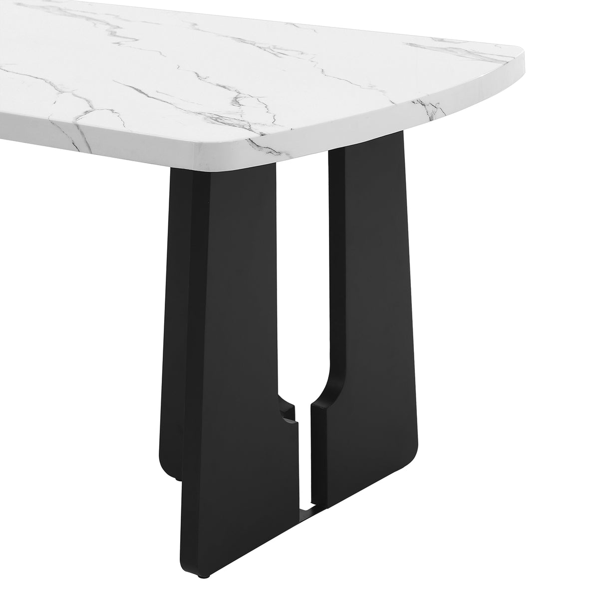 Anthony & Home faux marble dining table with black and white surface and geometric black metal legs.