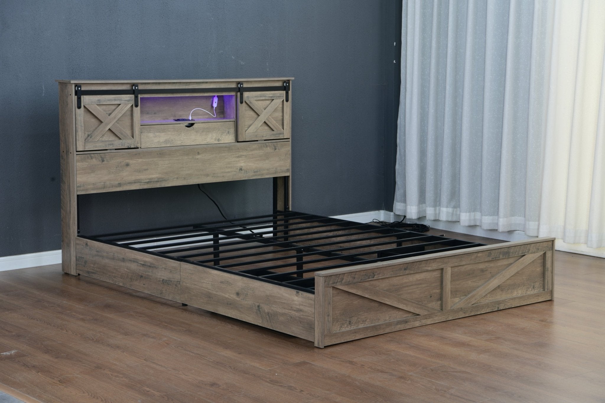 Anthony & Home farmhouse queen bed frame in grey rustic wood with LED lighting, charging station, and storage drawers.