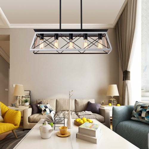 5 Lamps Farmhouse Chandelier White and Black Dining Room