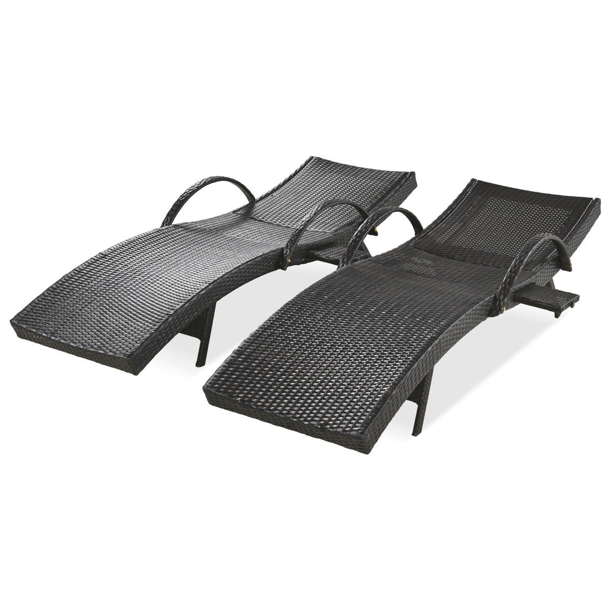 Anthony & Home K&K Signature outdoor wicker chaise lounges set with dark brown finish, adjustable backs and pull-out side table.