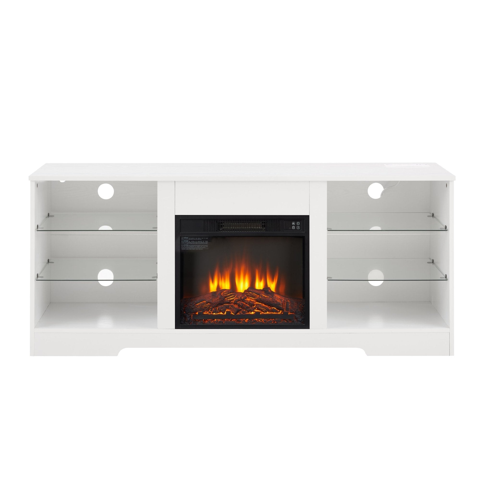 Anthony & Home electric fireplace TV stand with glass shelves, modern design, and built-in electric fireplace for cozy ambiance.