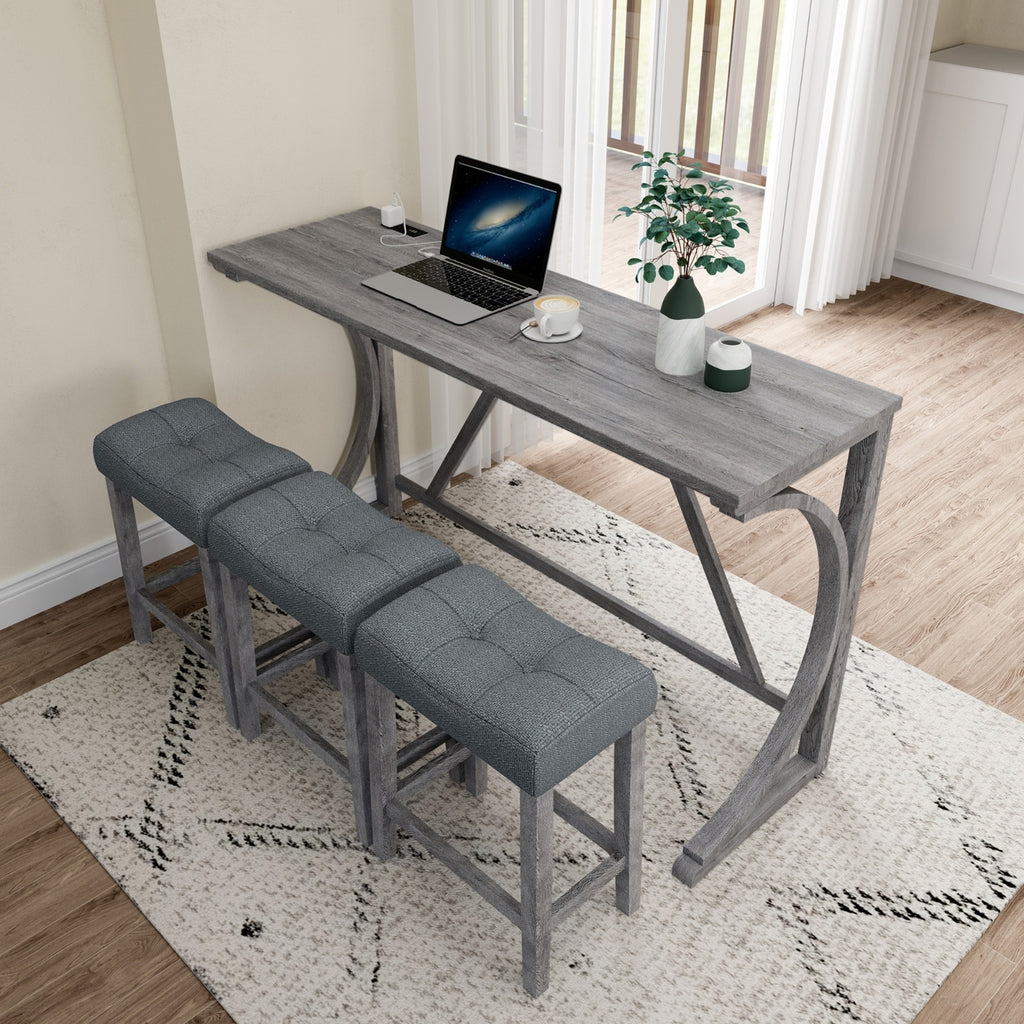 Gray Industrial Bar Table Set With Power Outlet And Chairs