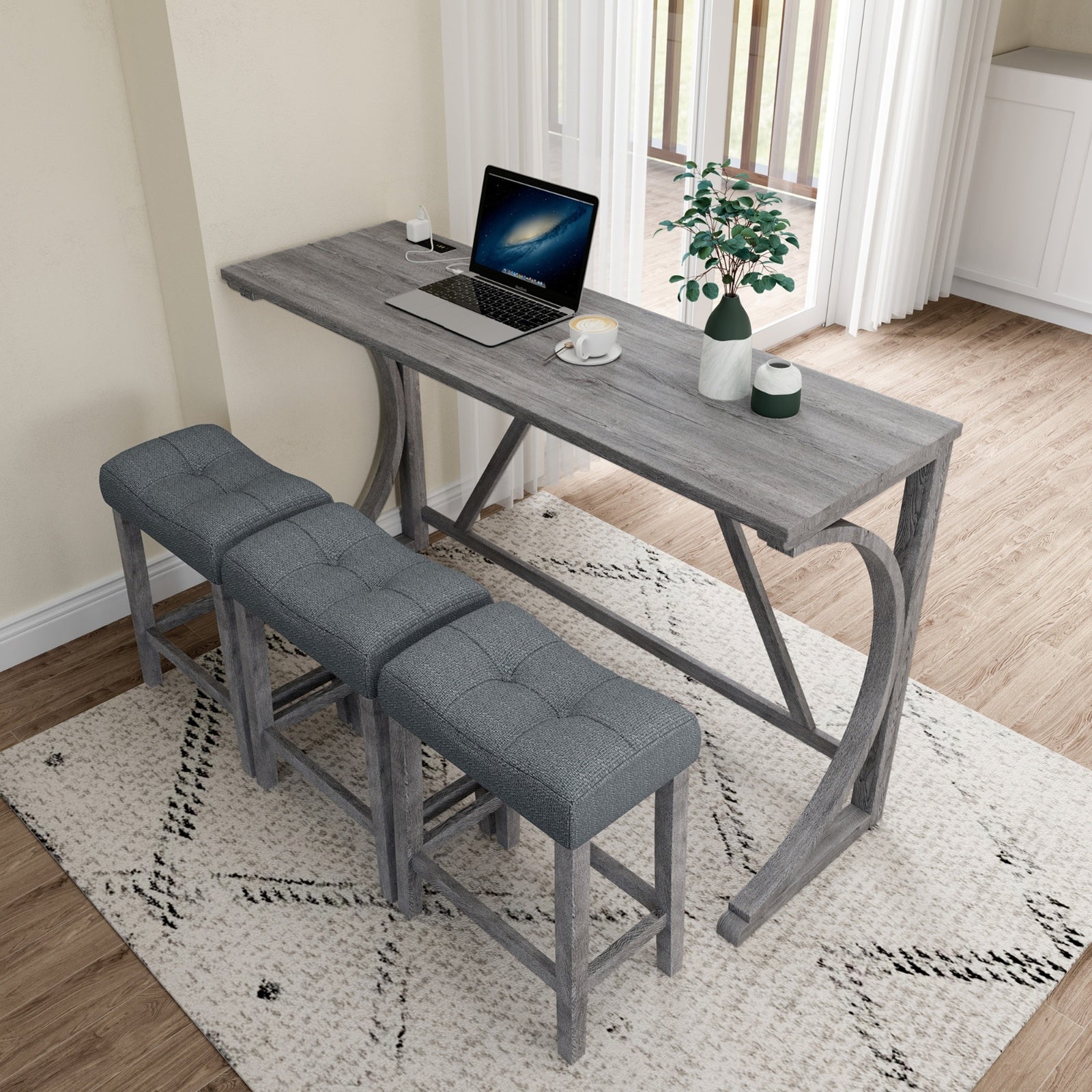 Gray Industrial Bar Table Set With Power Outlet And Chairs