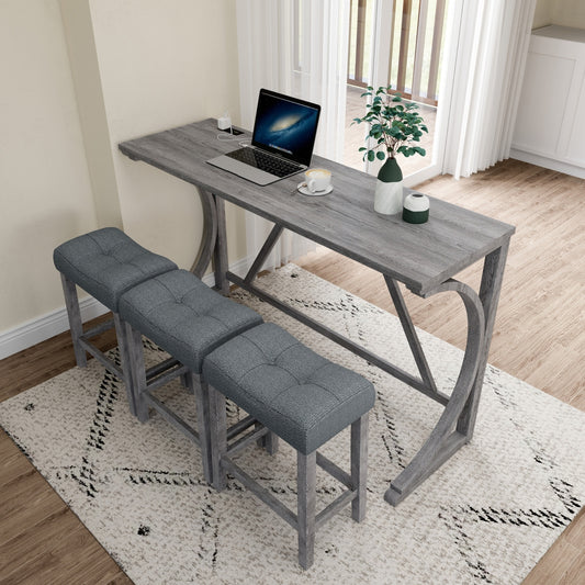 Gray Industrial Bar Table Set With Power Outlet And Chairs