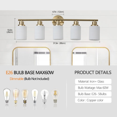Five Light Gold Wall Mount Vanity Light With Frosted Shade