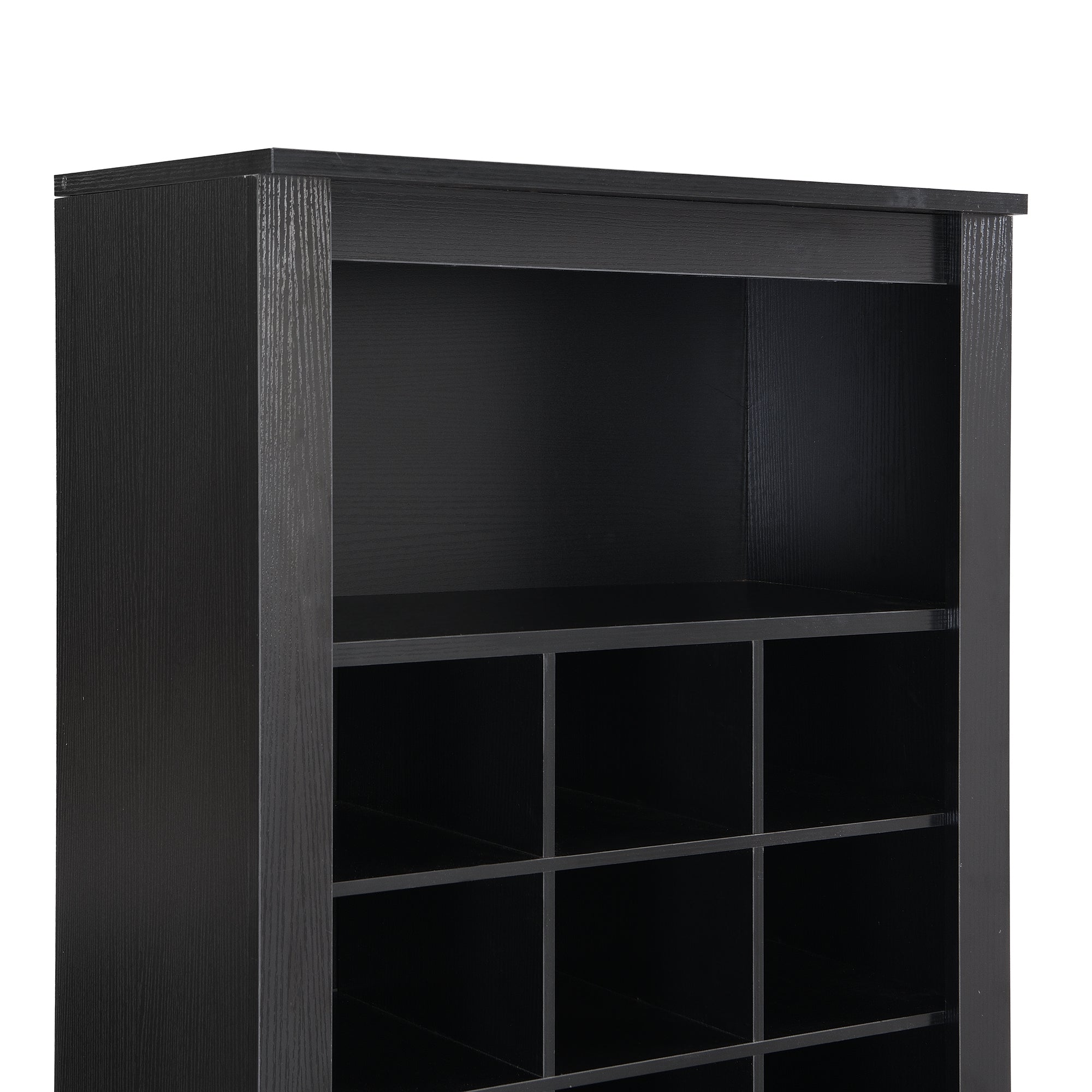 Anthony & Home On Trend Signature Shoe Cubby Console in black veneer with 30 compartments, designed for organized shoe storage.