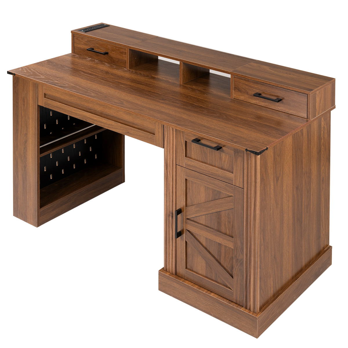Dark walnut farmhouse office desk by Anthony & Home featuring a barn door design, storage compartments, and a keyboard tray.