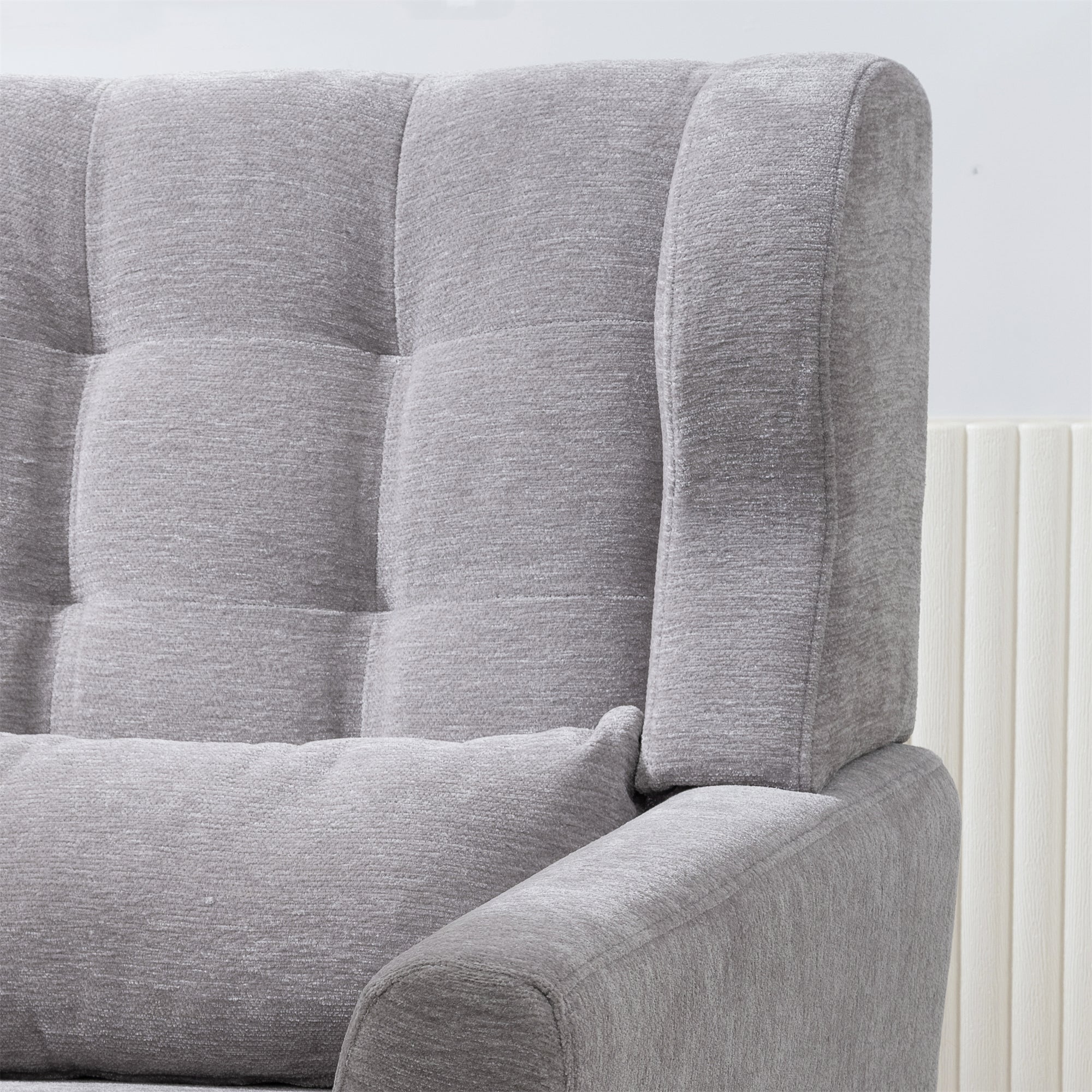 Gray Chenille Accent Chair with solid wood legs from Anthony & Home, perfect for studio or living room decor.