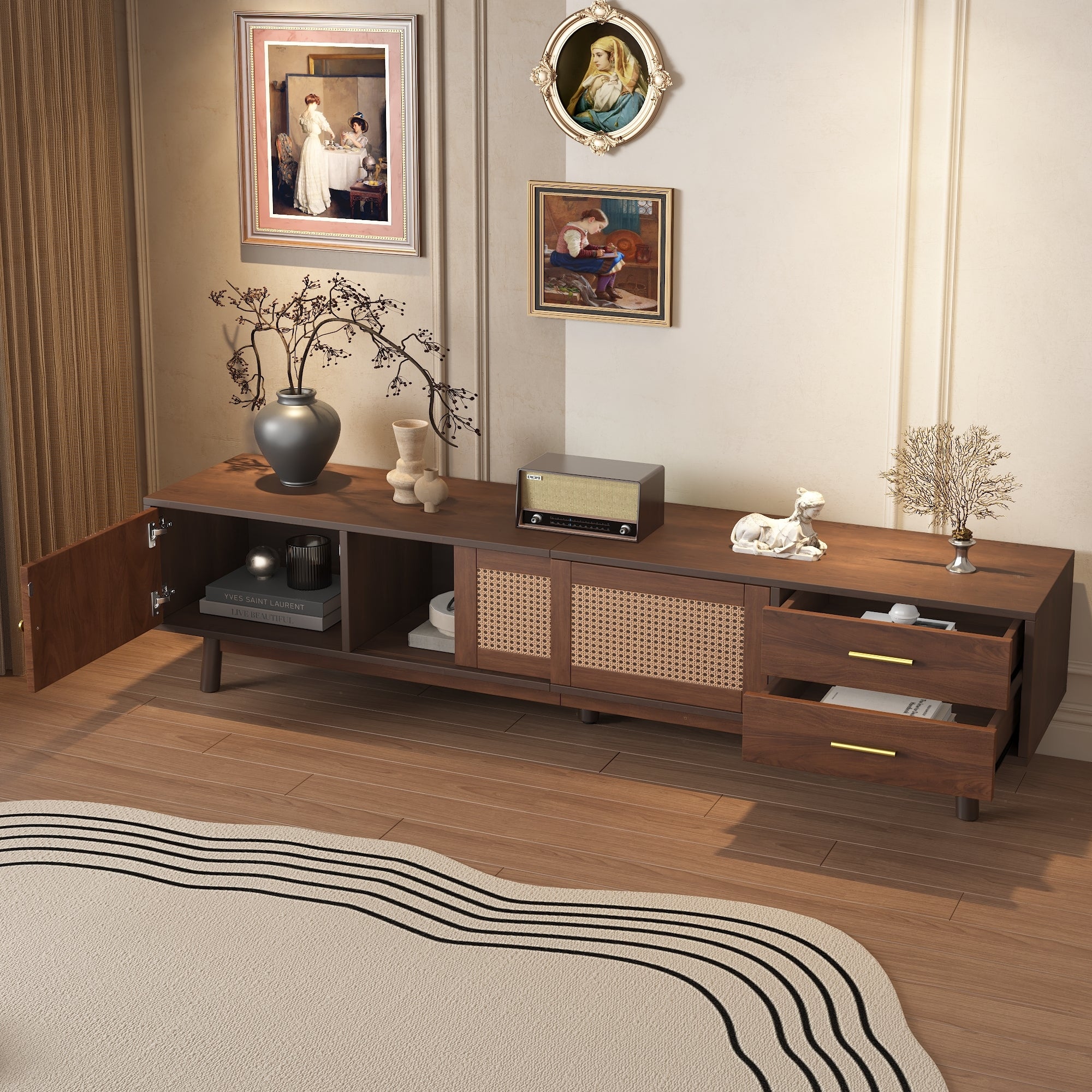 Dark brown solid wood Heritage Collection TV stand by Anthony & Home with a sleek, modern design and spacious storage compartments.