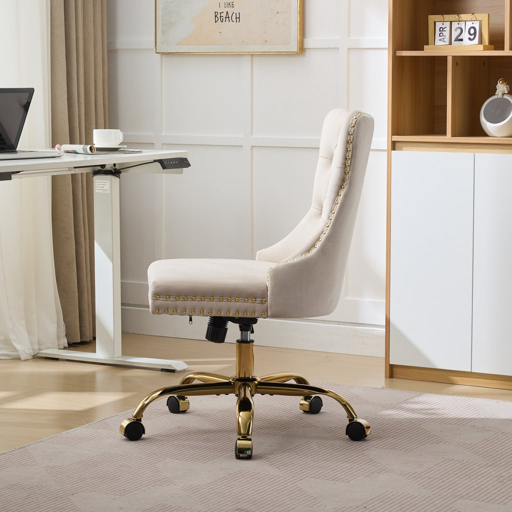 Anthony & Home A&A velvet tufted office chair in beige with adjustable height and swivel base, ergonomic and contemporary design.