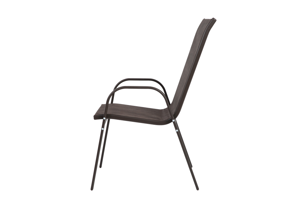 Set of six Anthony & Home Textilene patio chairs with high backs in brown, suitable for outdoor seating and dining areas.