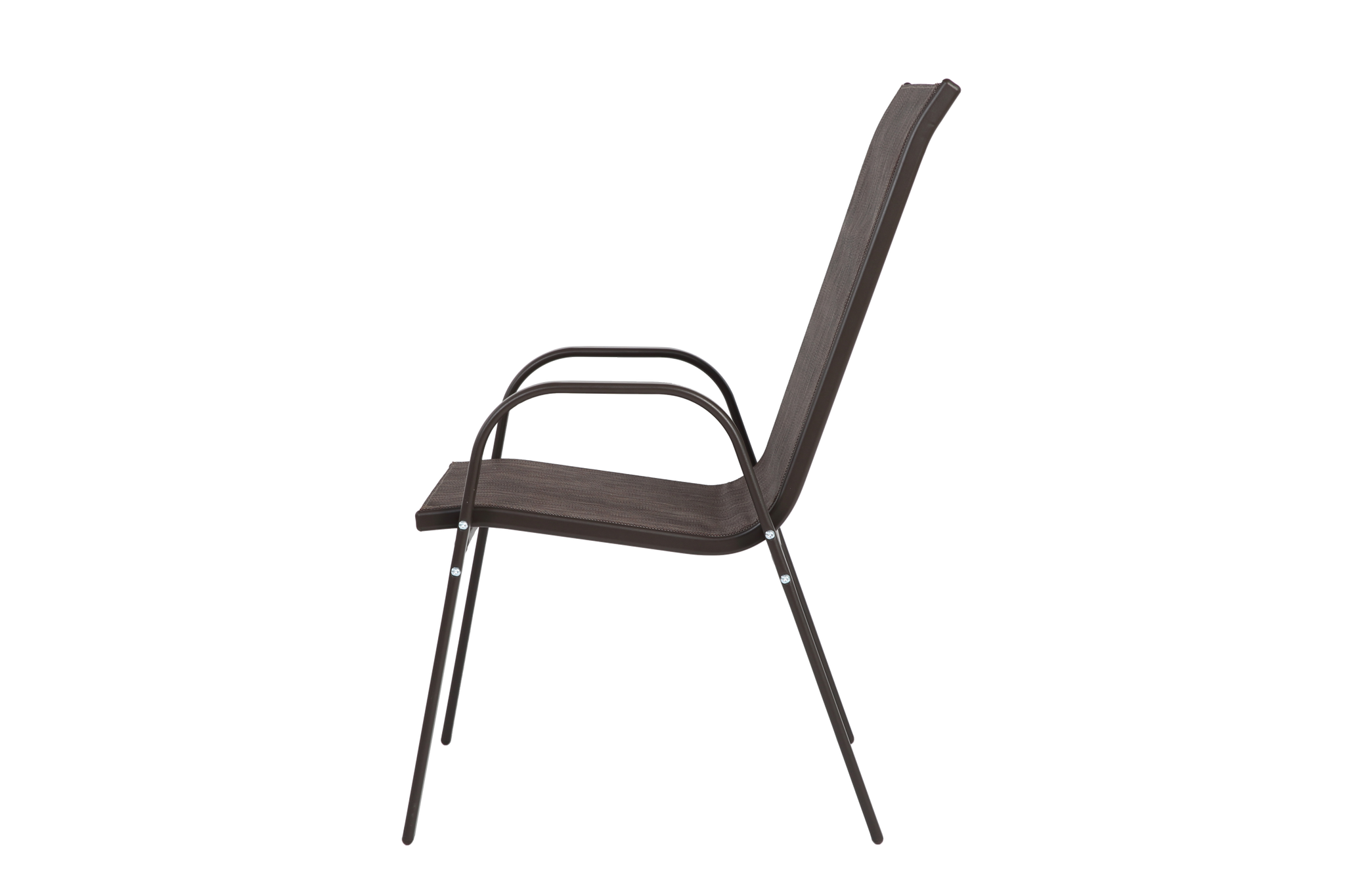 Set of six Anthony & Home Textilene patio chairs with high backs in brown, suitable for outdoor seating and dining areas.