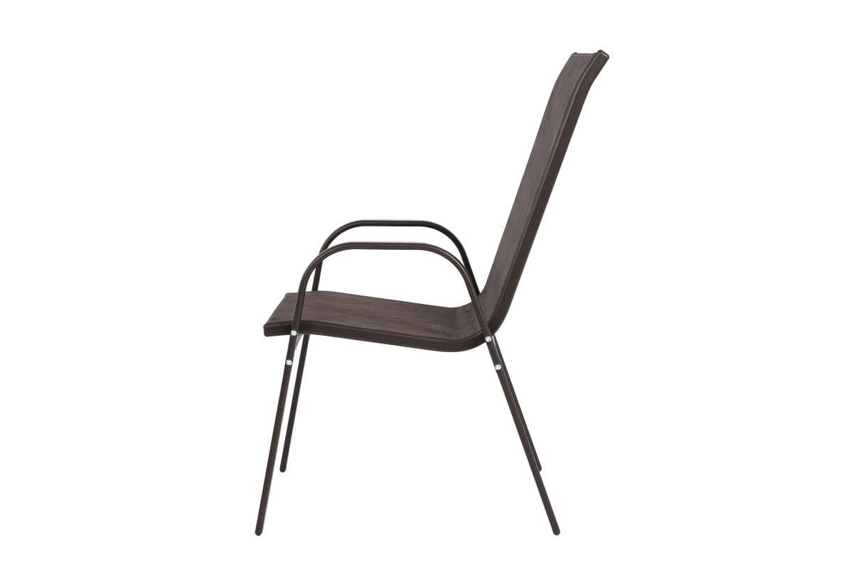 Set of six Anthony & Home Textilene patio chairs with high backs in brown, suitable for outdoor seating and dining areas.