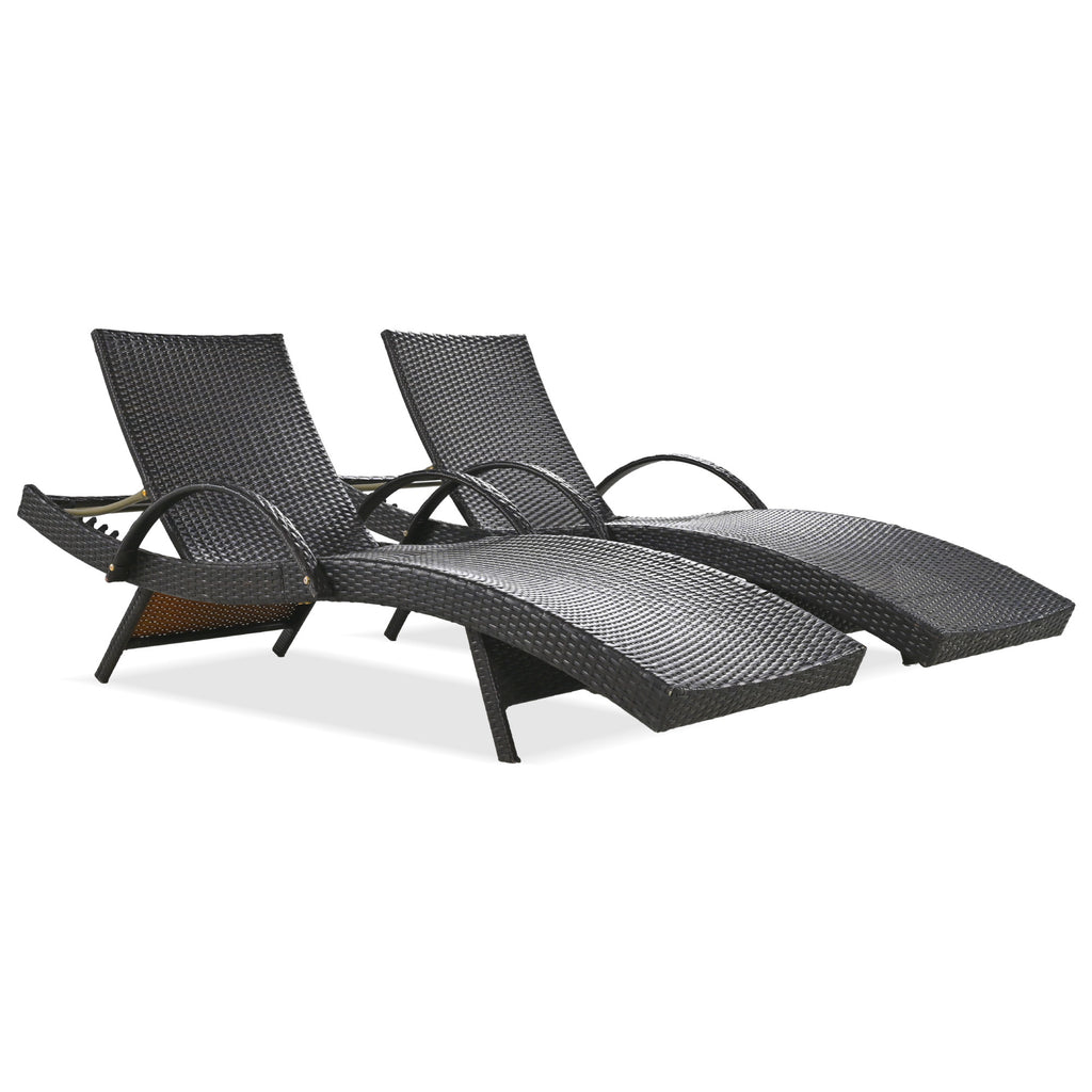 Anthony & Home K&K Signature outdoor wicker chaise lounges set with pull-out side table and 5-level adjustable backrest in dark brown.