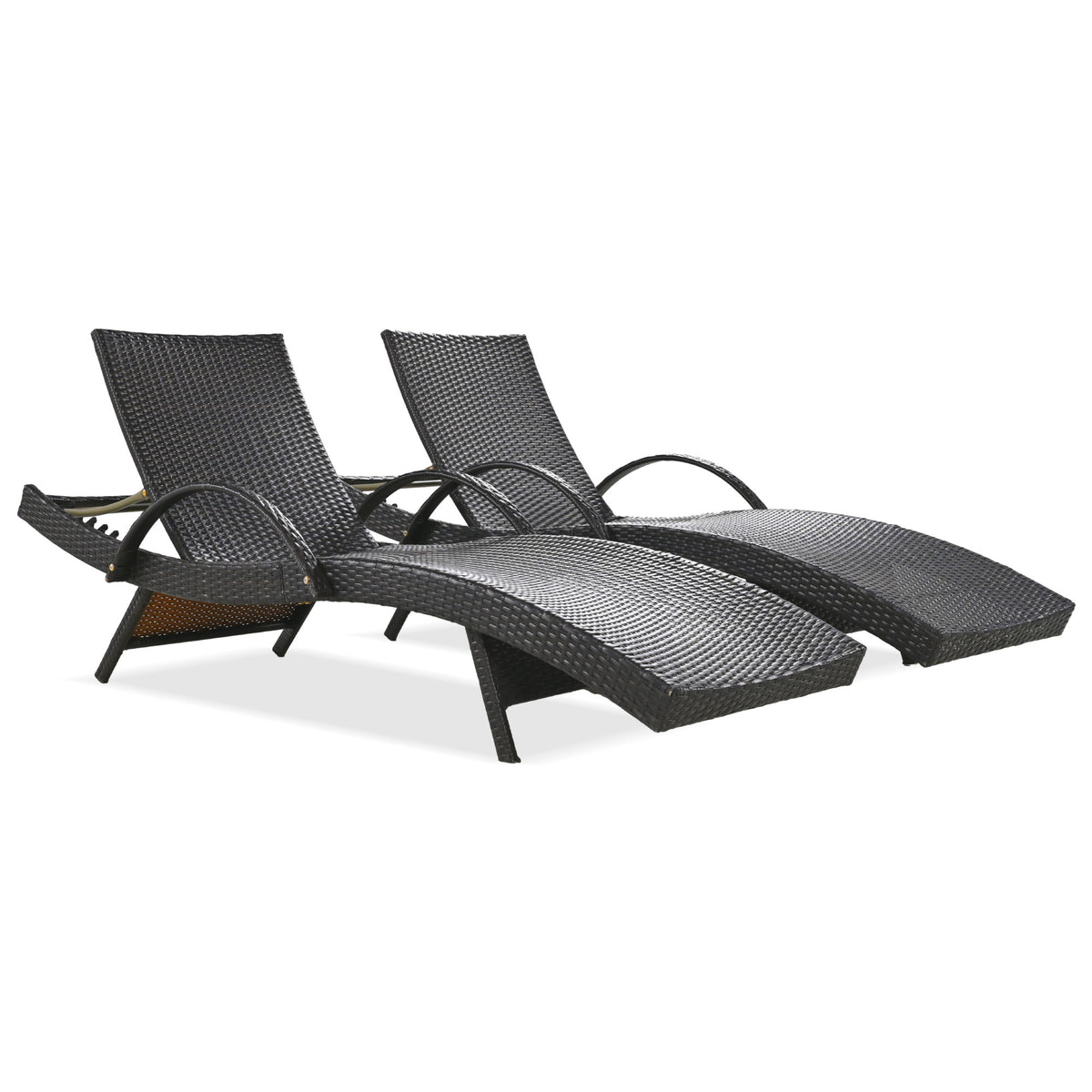 Anthony & Home K&K Signature outdoor wicker chaise lounges set with pull-out side table and 5-level adjustable backrest in dark brown.