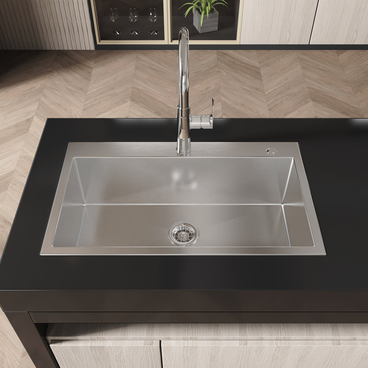Brushed nickel overmount kitchen sink from Anthony & Home with a modern, deep basin and smooth edge finish.