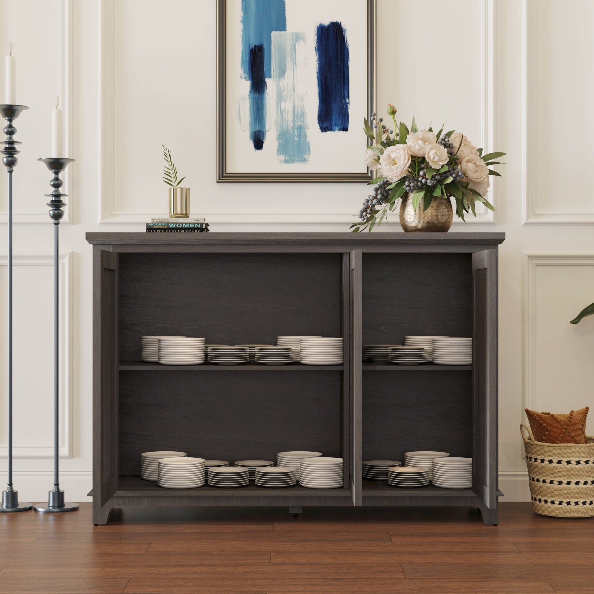 Heritage walnut sideboard by Anthony & Home with mirrored doors and adjustable shelves, measuring 49.3 x 15.6 inches.