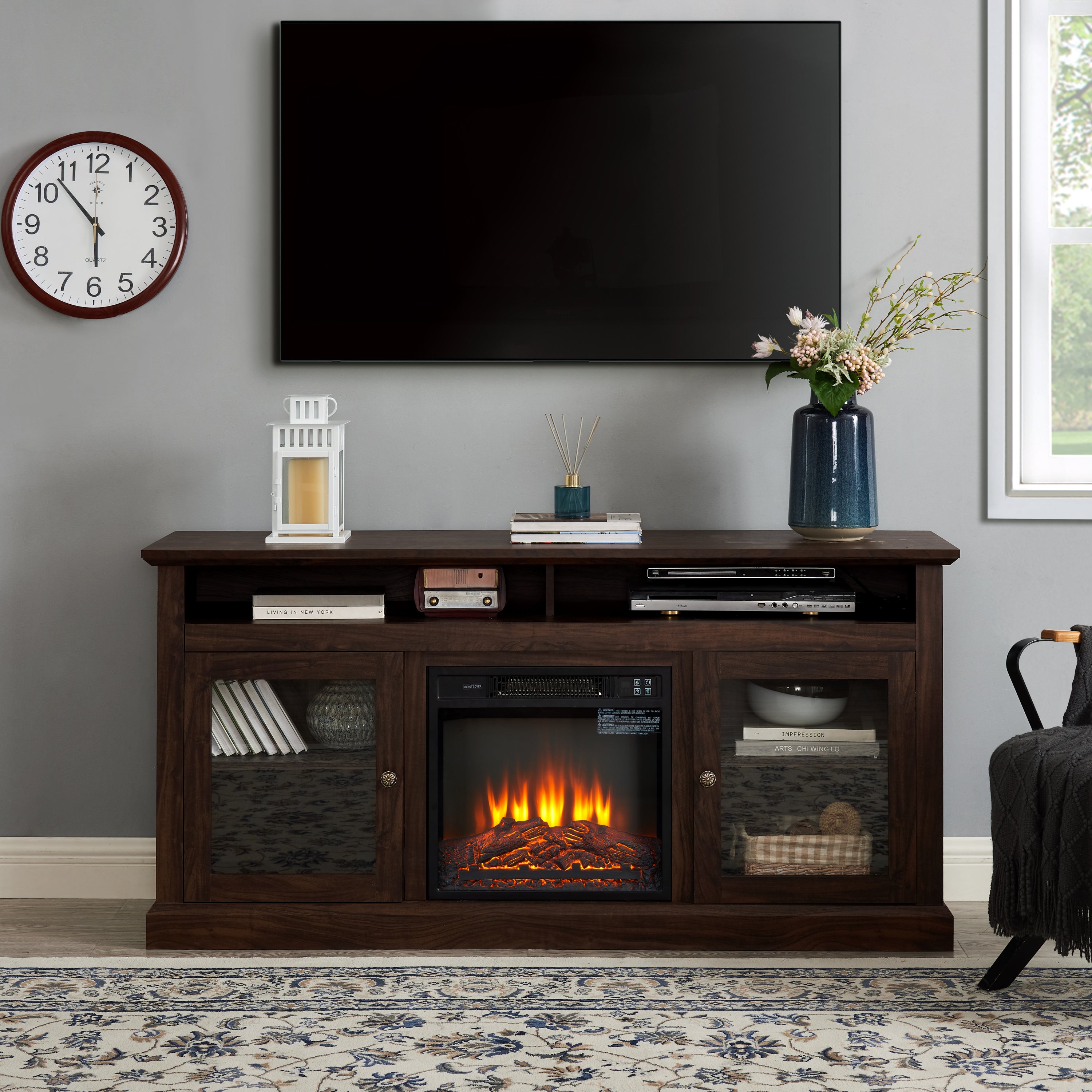 Brown MDF Contemporary TV Media Stand With Fireplace Inset For 65 Inch TVs Open And Closed Storage Timeless